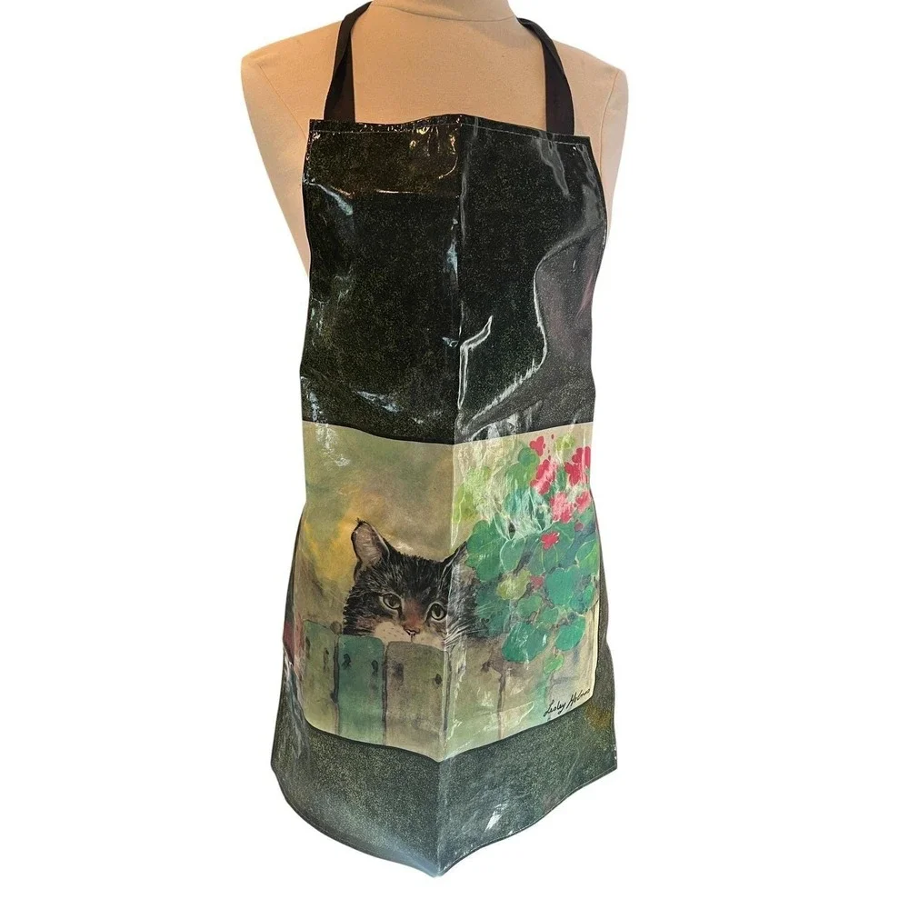 Vintage Lesley Holmes Cat Cottagecore Garden Apron Wipeable Wet Resistant Glossy